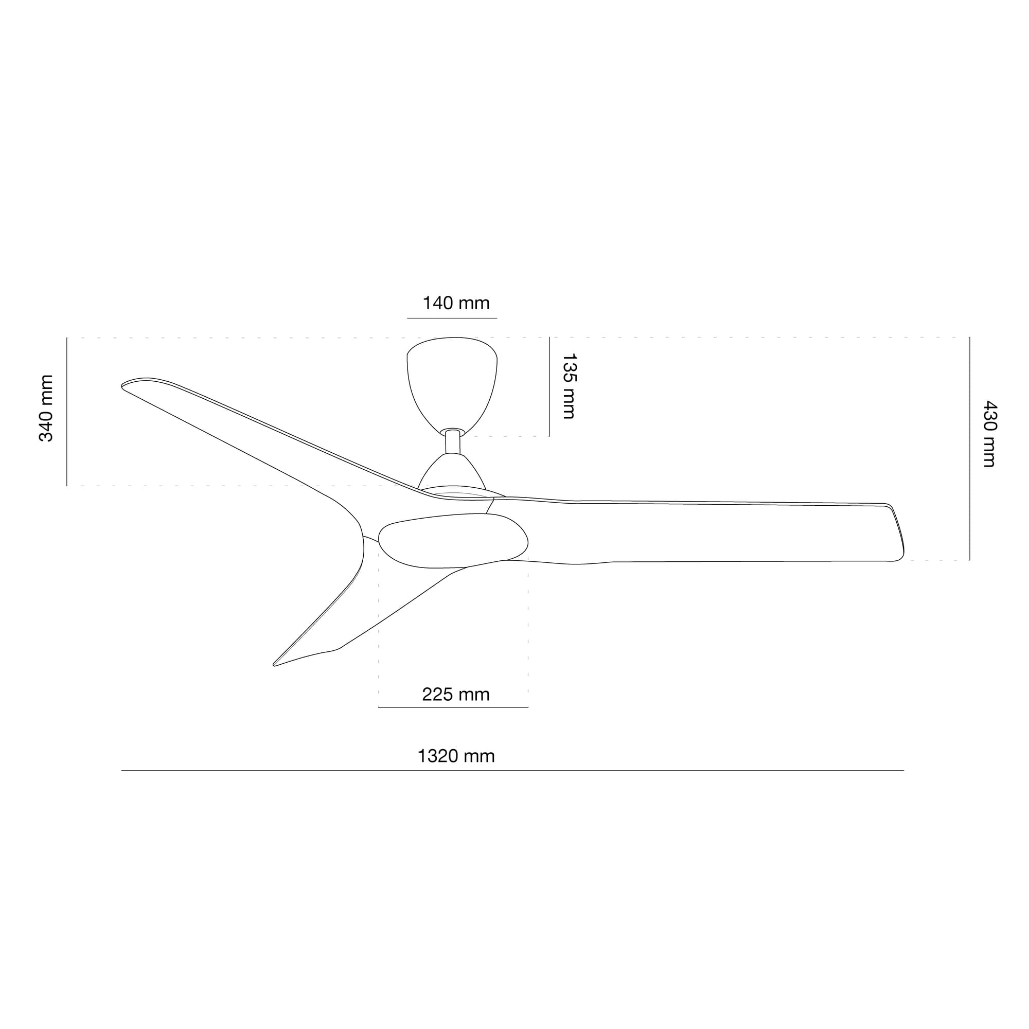 Diagrama de un ventilador de techo, que muestra las dimensiones en milímetros. Las aspas son curvas.