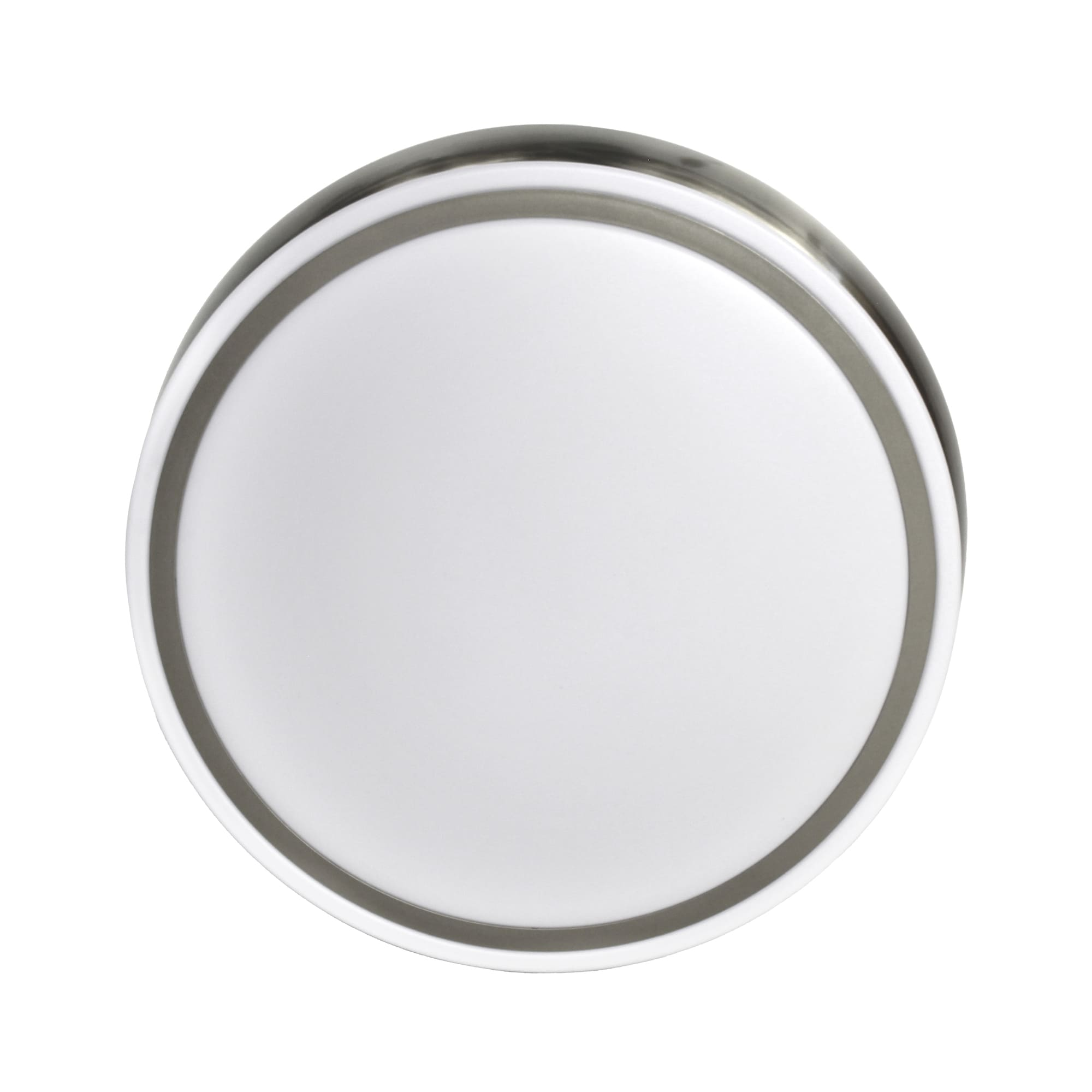 Plato blanco con borde plateado. El plato es circular y está sobre un fondo blanco.