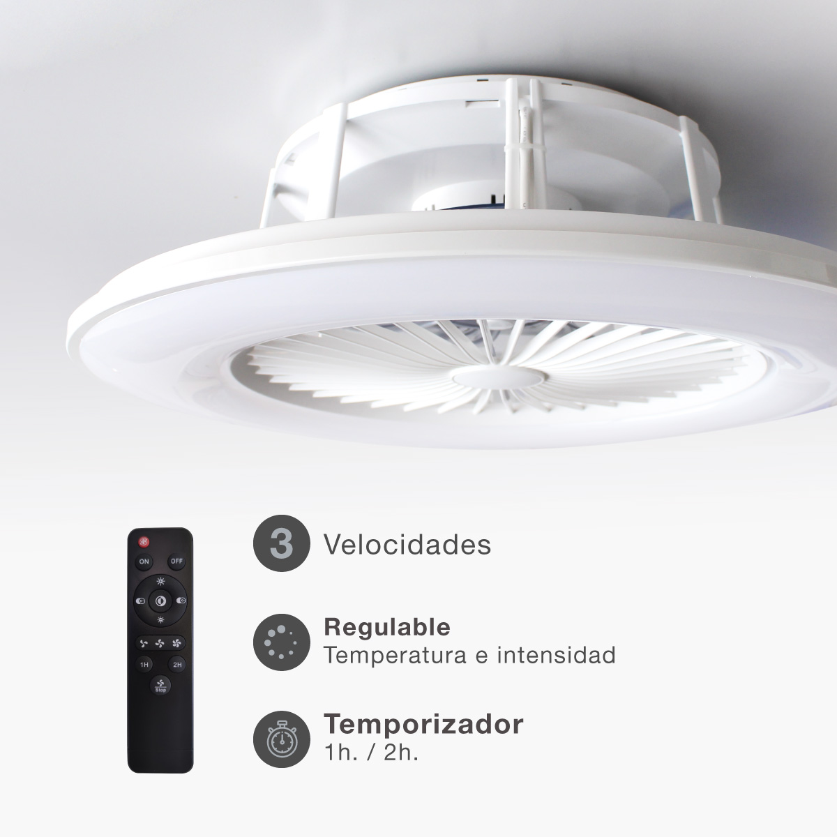 Un ventilatore da soffitto con telecomando e testo che descrive caratteristiche e velocità.