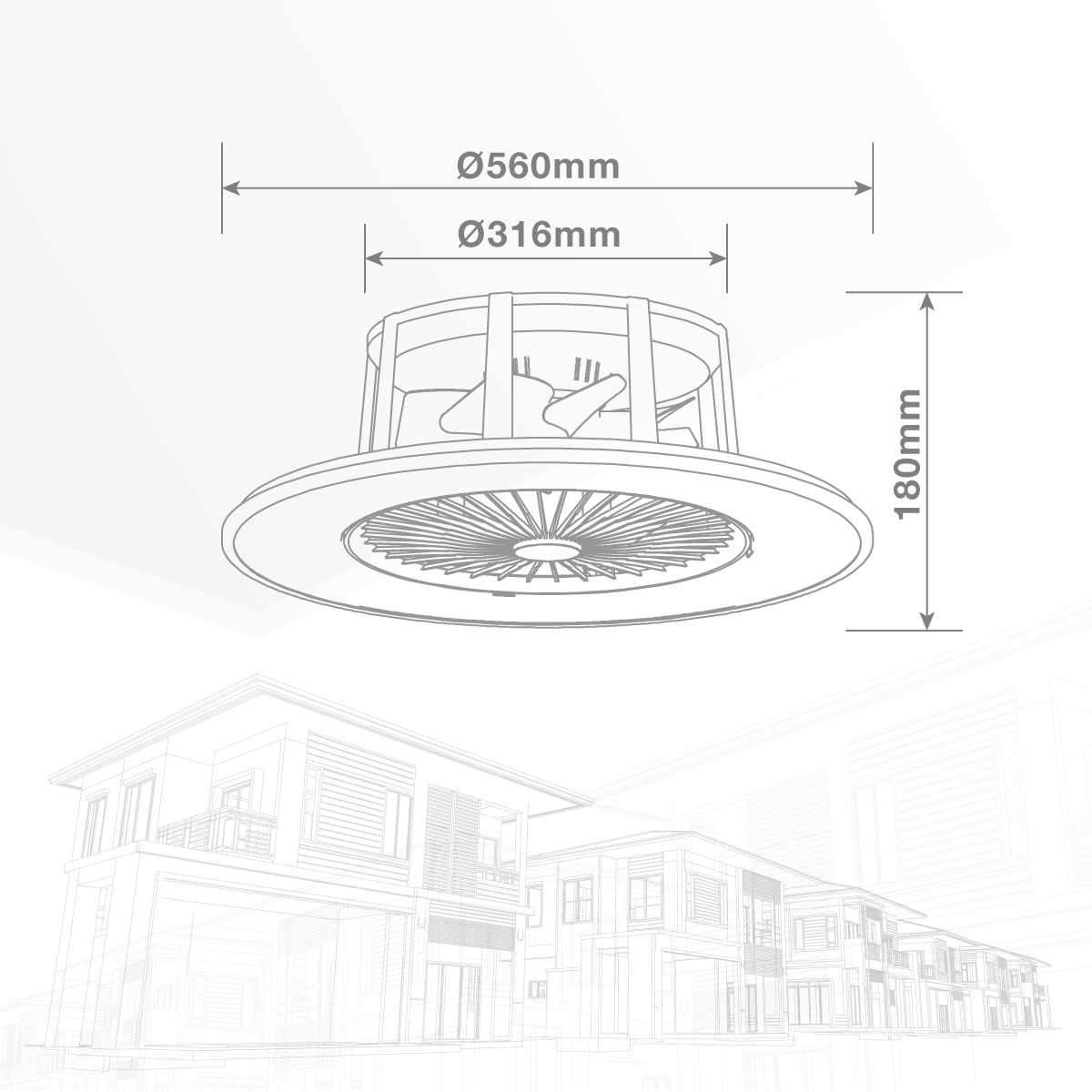 Diagramma di un ventilatore da soffitto con dimensioni. Sfondo bianco con contorni di case.