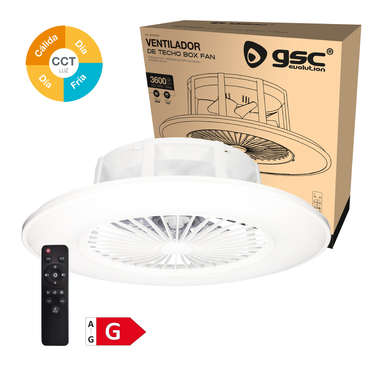 Ventilatore a soffitto con luce e telecomando. Scatola con info prodotto e selettore temperatura.