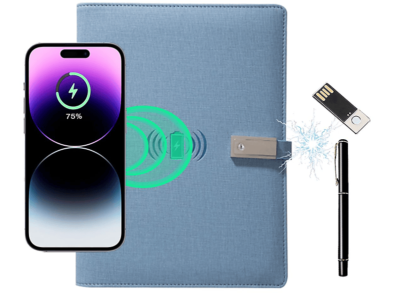 KINSI Kabellos aufladbares und Power-Notizblock 8000 USB-Stick mit Notizbuch,Mobiler Notebook Blau Wiederaufladbares Stift mA