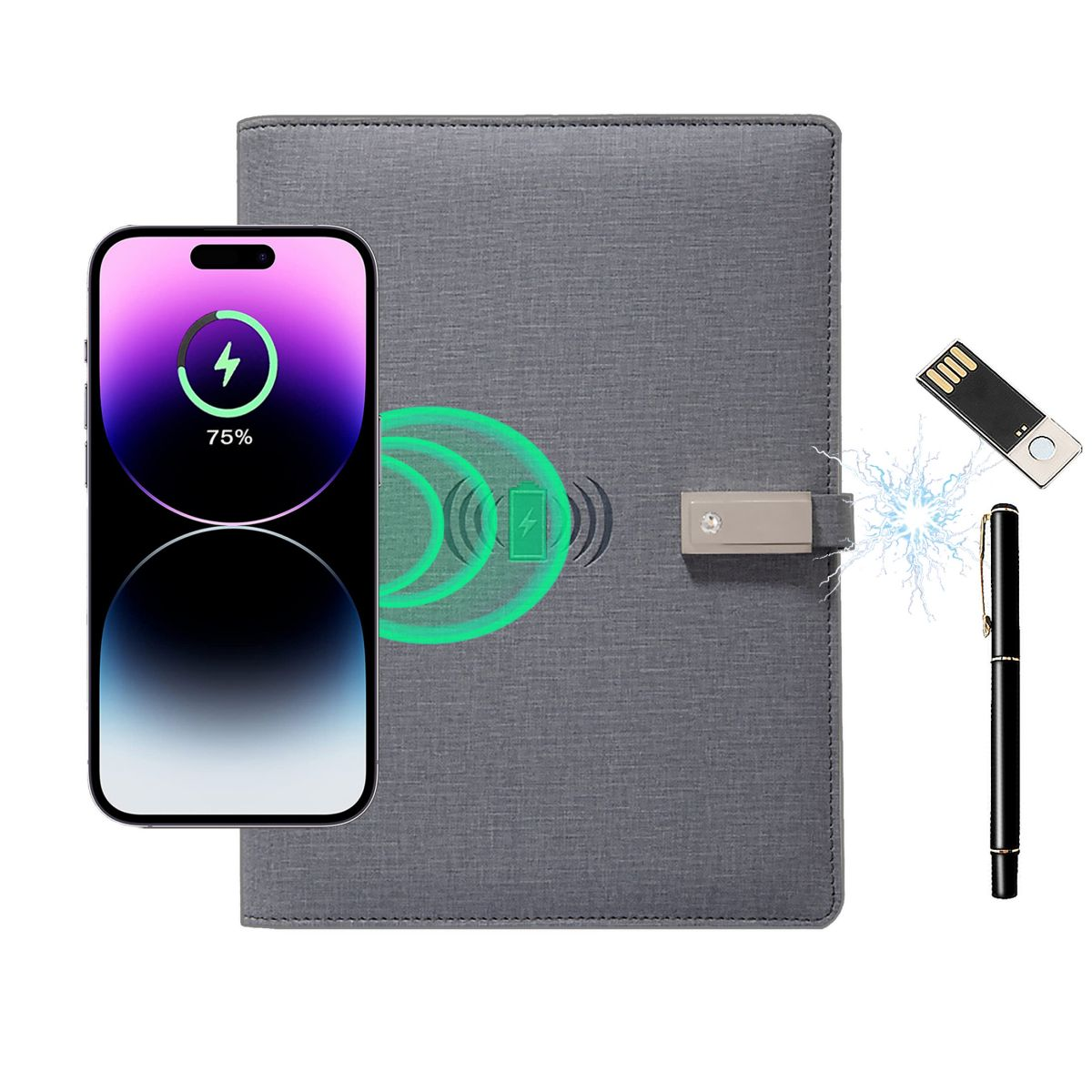 Ein Smartphone, das drahtlos auf einem Notizblock mit Stift und USB-Stick geladen wird.