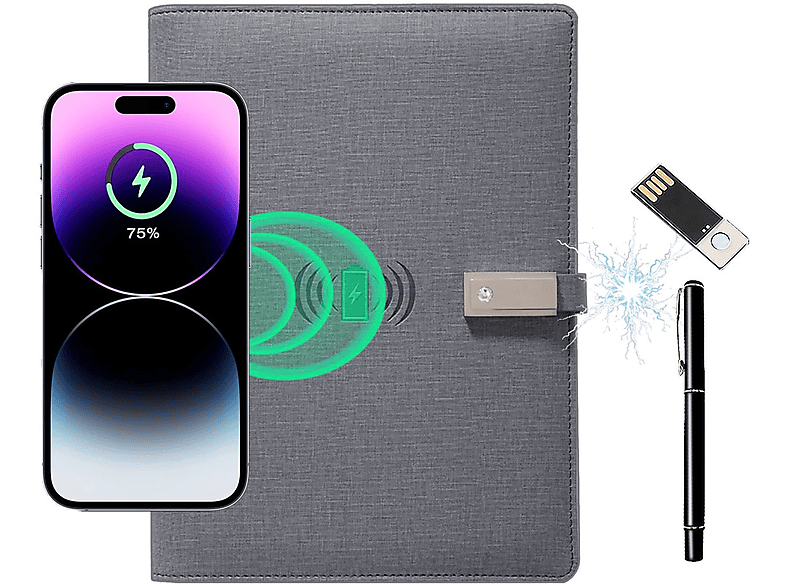 KINSI Drahtloses Ladegerät,Notizblock mit USB-Stick Powerbank 8000 mAh Grau