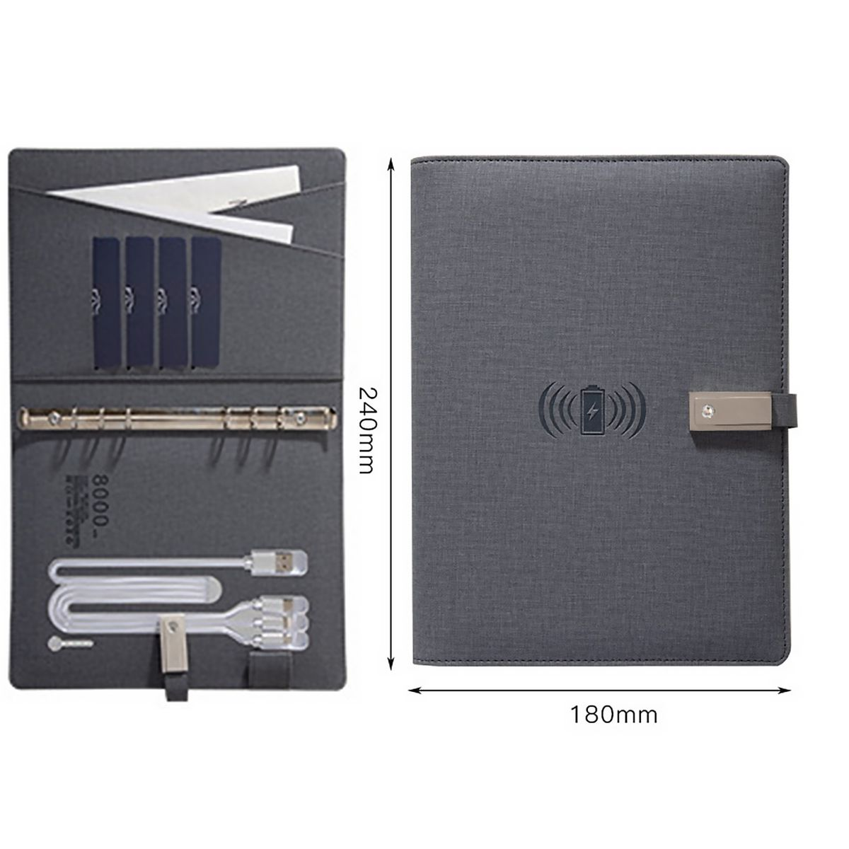 Graues Notizbuch mit Wireless-Charging-Symbol und offenen Seiten mit Zubehör.