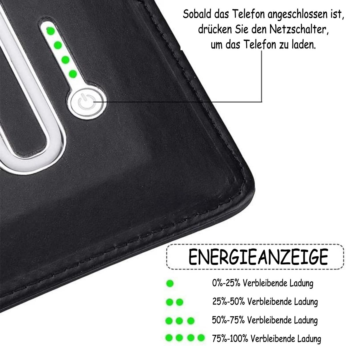 Schwarzes kabelloses Ladegerät mit grünen Ladeanzeigelichtern. Schwarzer Hintergrund.