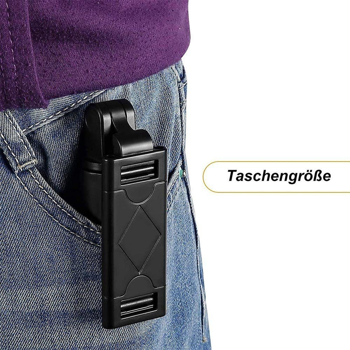 Eine schwarze Box in einer Jeans-Tasche. Es ist mit 'Taschengröße' beschriftet.