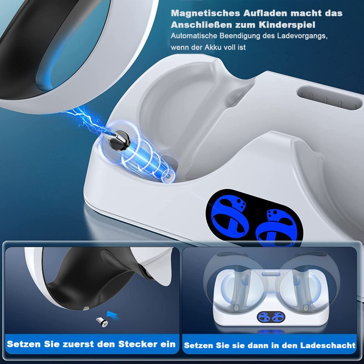 Ladestation für VR-Controller. Weiß mit blauen Akzenten, die Controller sind teilweise eingesetzt.