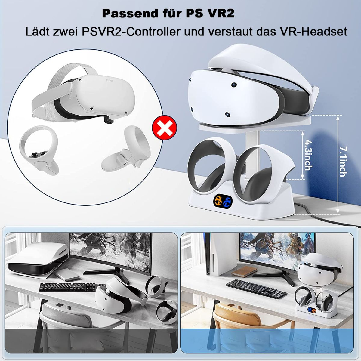 Ein weißes VR-Headset und Controller werden auf einer Ladestation gezeigt. Zwei Setups in den unteren Bildern.