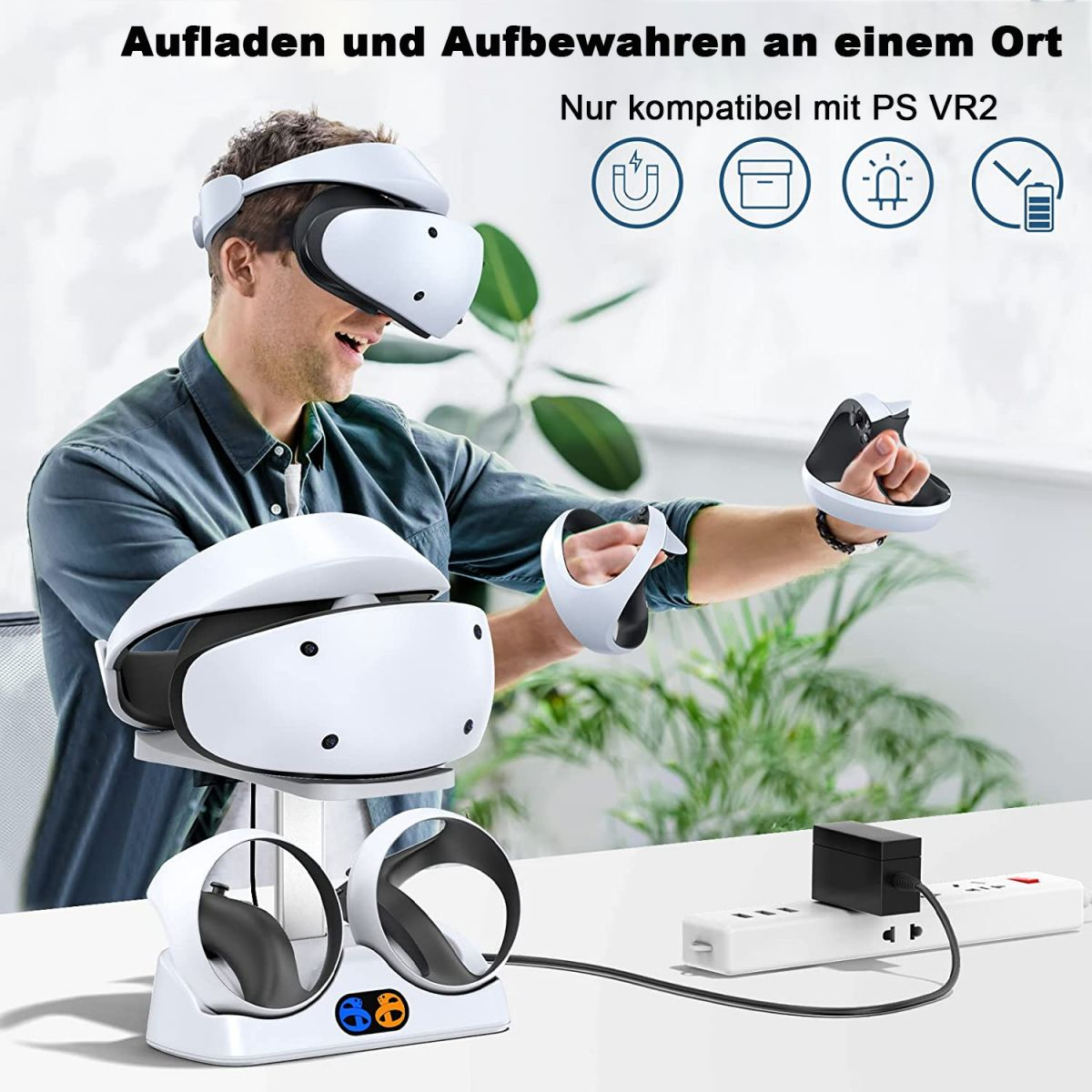 Eine Person trägt ein VR-Headset und hält Controller in der Nähe einer Ladestation mit VR-Zubehör.