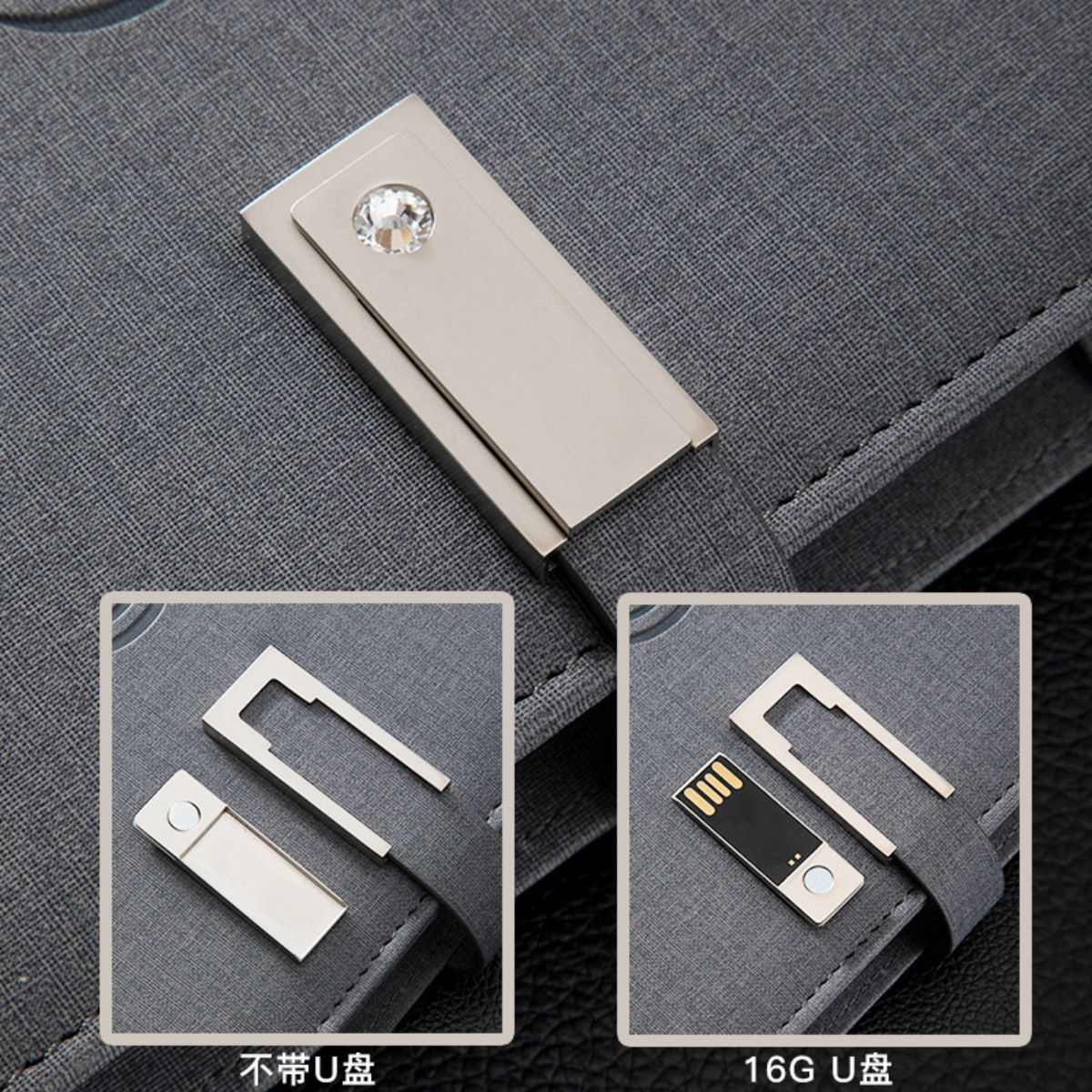 Ein graues Notizbuch mit silbernem Verschluss und zwei Nahaufnahmen von USB-Sticks daran.