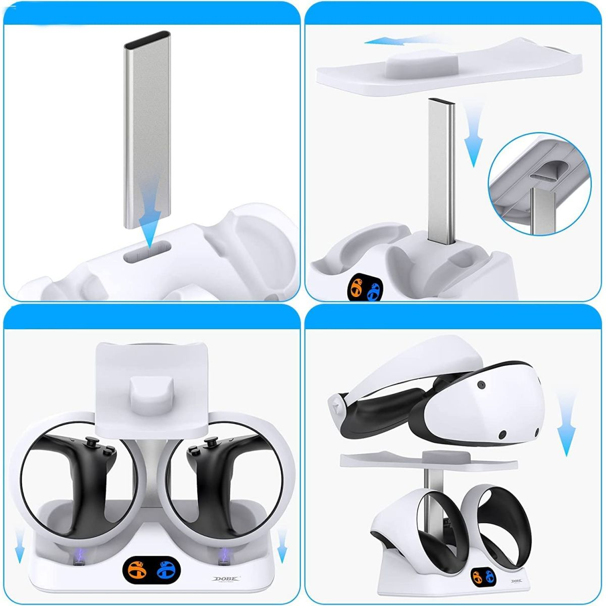 VR-Headset-Ladestation. Weiße Basis mit vier Ladeschlitzen für Controller und Headset.