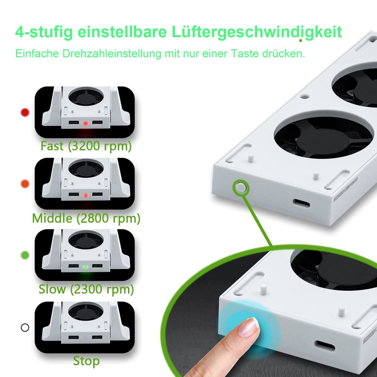 Ein weißes Gerät mit Lüftern und Knöpfen. Es gibt eine Hand, die rechts einen blau beleuchteten Knopf drückt.