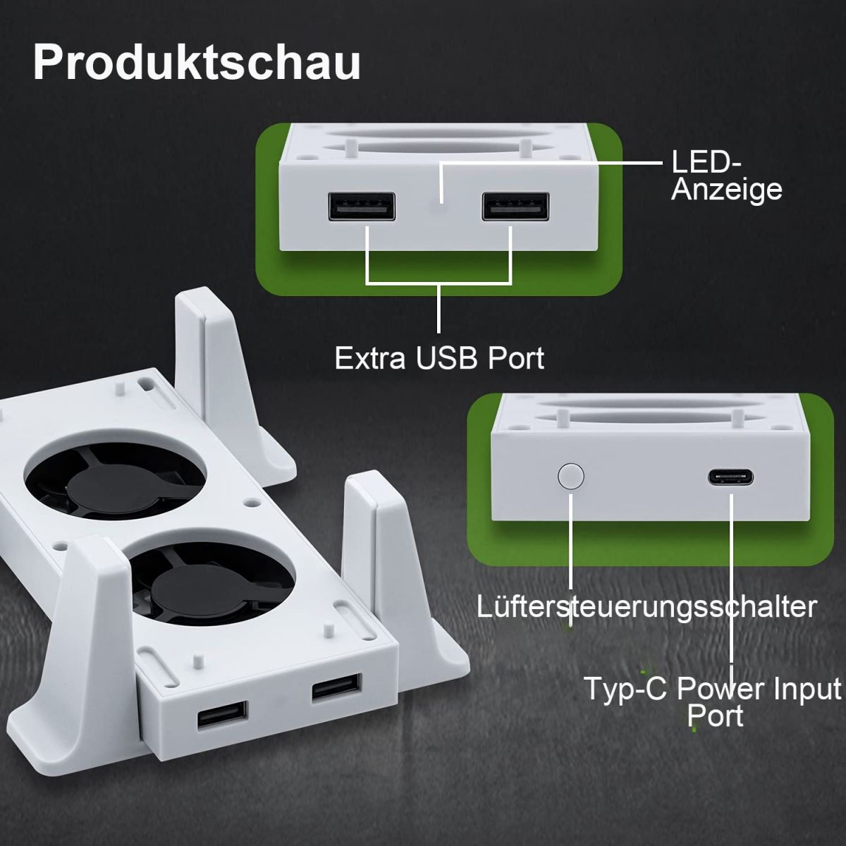 Weißer Gaming-Konsolenständer mit zwei USB-Anschlüssen, beschriftet mit Extra USB Port. Grüner Hintergrund.