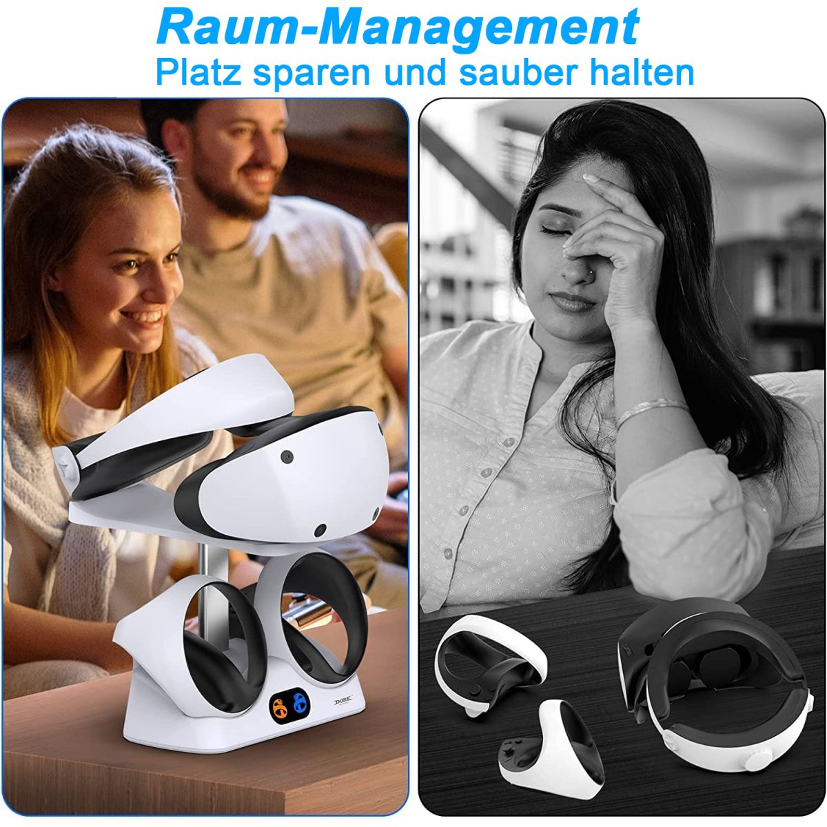 VR-Headset-Ständer mit Headsets und Controllern. Personen im Hintergrund.