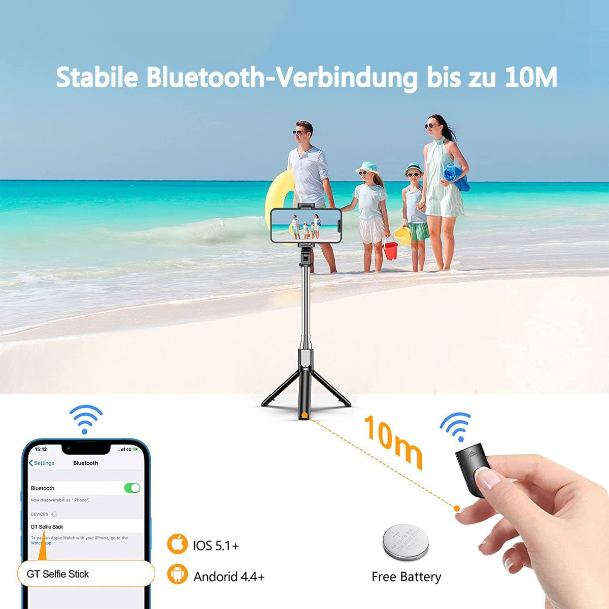 Familie am Strand mit Selfie-Stick. Telefon zeigt Bluetooth-Einstellungen. Text: Stabile Bluetooth-Verbindung.