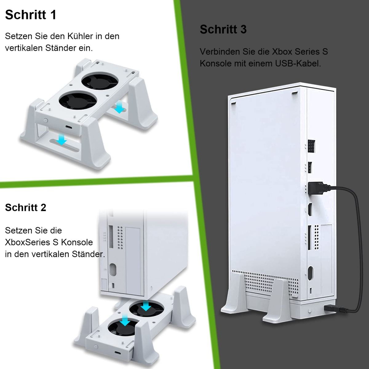 Weiße Xbox-Konsole in einem Ständer, schwarzes Kabel angeschlossen. Anweisungen zeigen Schritte.