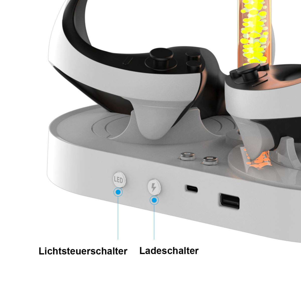 Eine Ladestation für VR-Headsets mit zwei Controllern, einem Einschalter und einer Ladeanzeige.