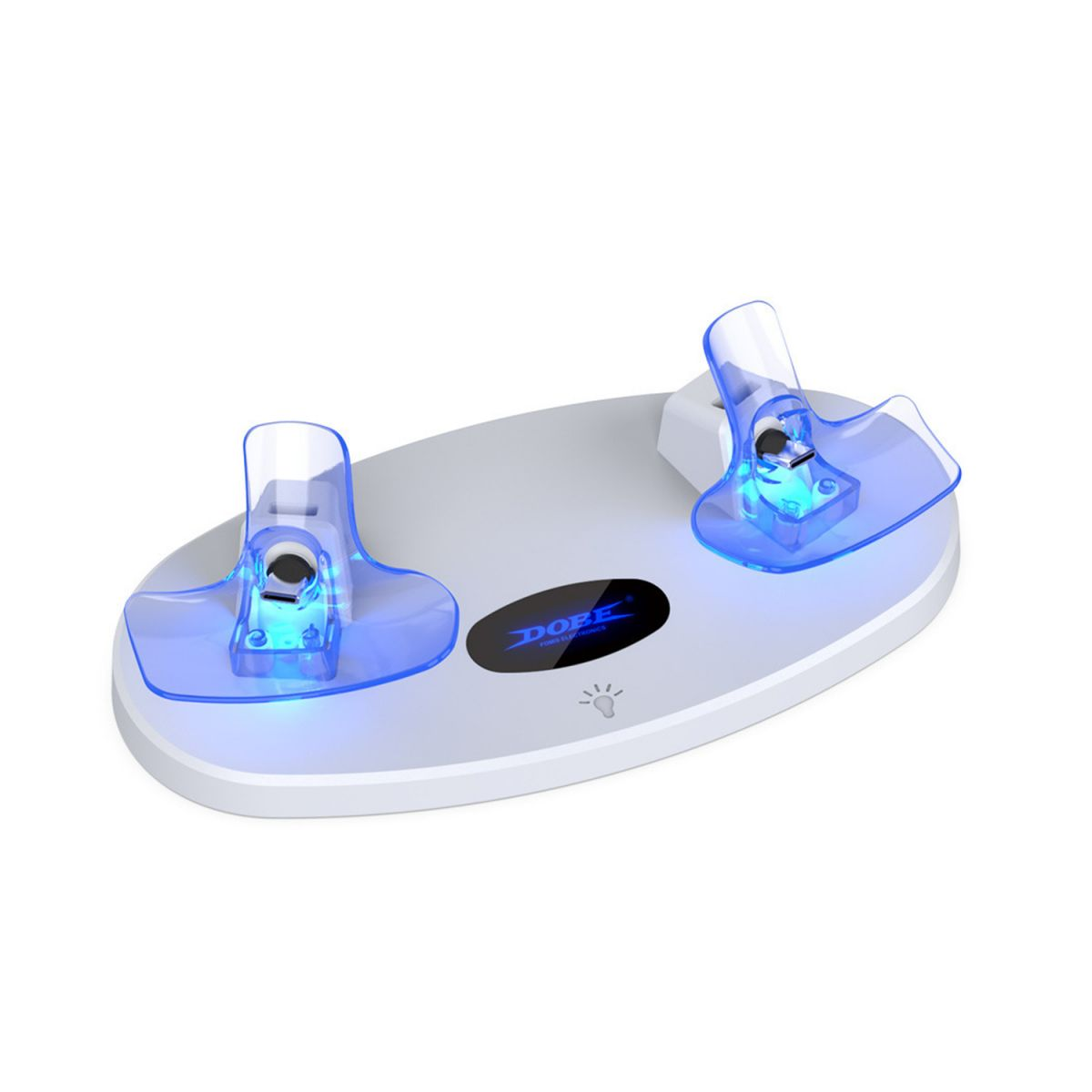 Weiße und graue Ladestation für zwei Gamecontroller. Mit blauem Licht beleuchtet.