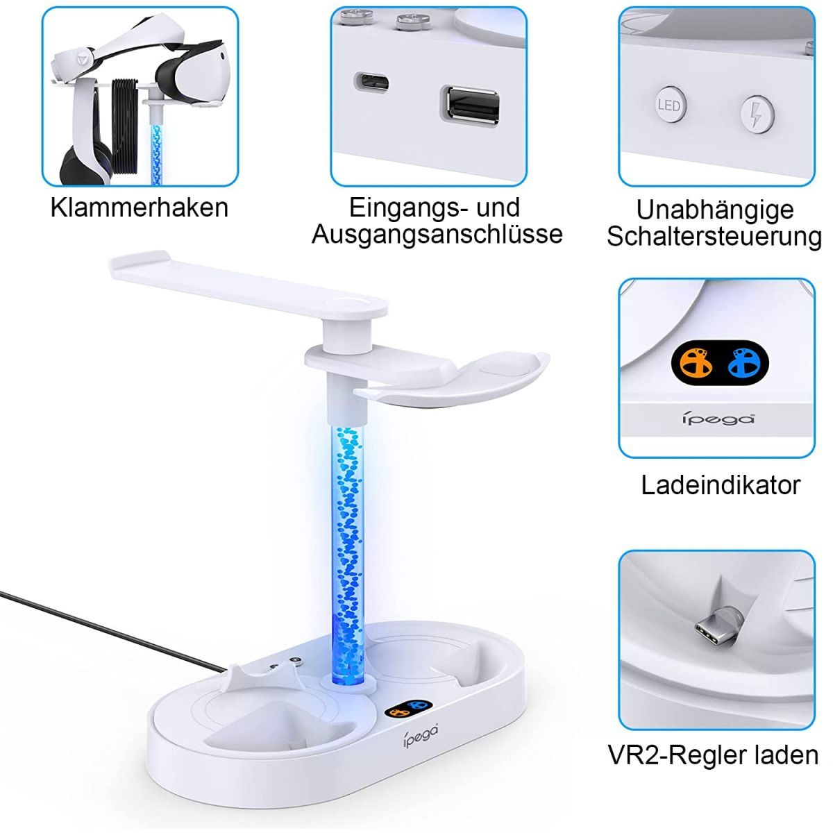Ein weißer VR-Headset-Ständer mit blauem Licht. Enthält Lade- und Aufbewahrung für Headset und Controller.