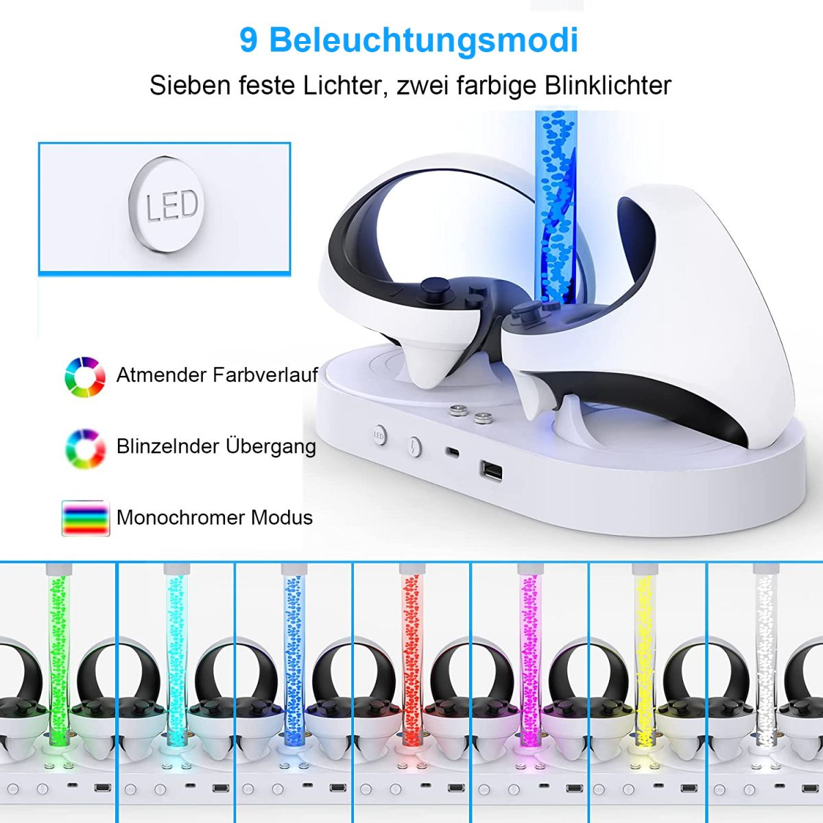 Eine Ladestation für VR-Headsets und -Controller mit verschiedenen Lichtmodi.