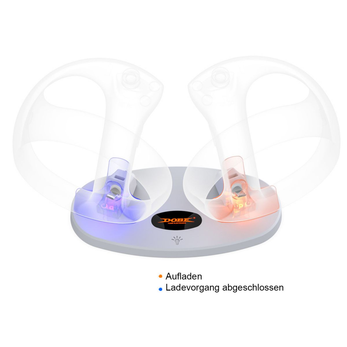 Eine Ladestation mit zwei Spielcontrollern, einer blau, einer orange beleuchtet.