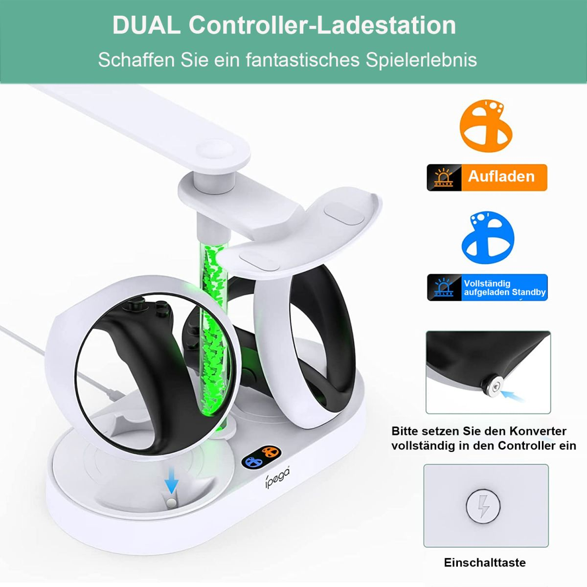 Weiße Ladestation für Controller. Enthält Illustrationen und Text. Weißer Hintergrund.