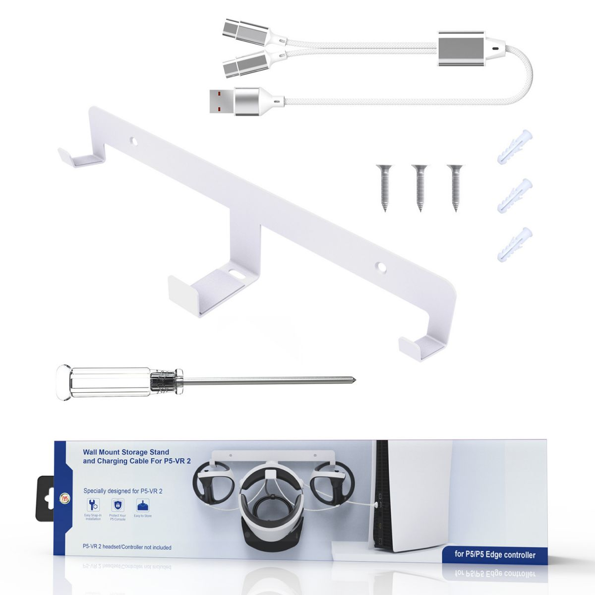 Weiße Wandhalterung, Schrauben, Schraubendreher und Ladekabel mit Produktbox.