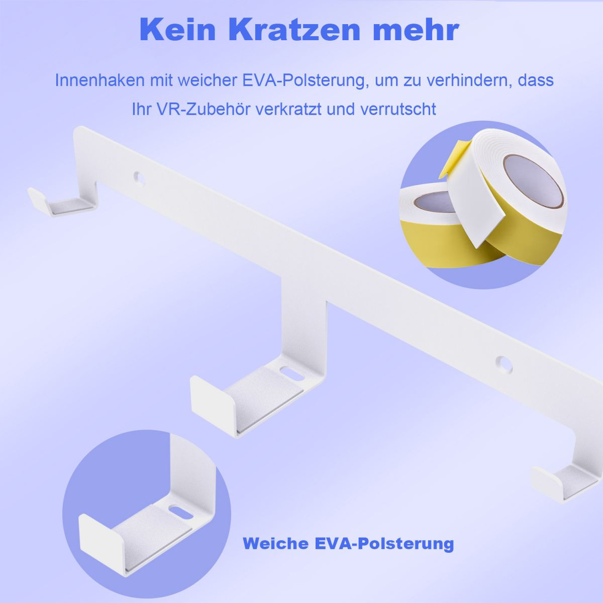 Weißer VR-Headset-Halter mit Text und Bildern von weicher Polsterung und Klebebandrollen.