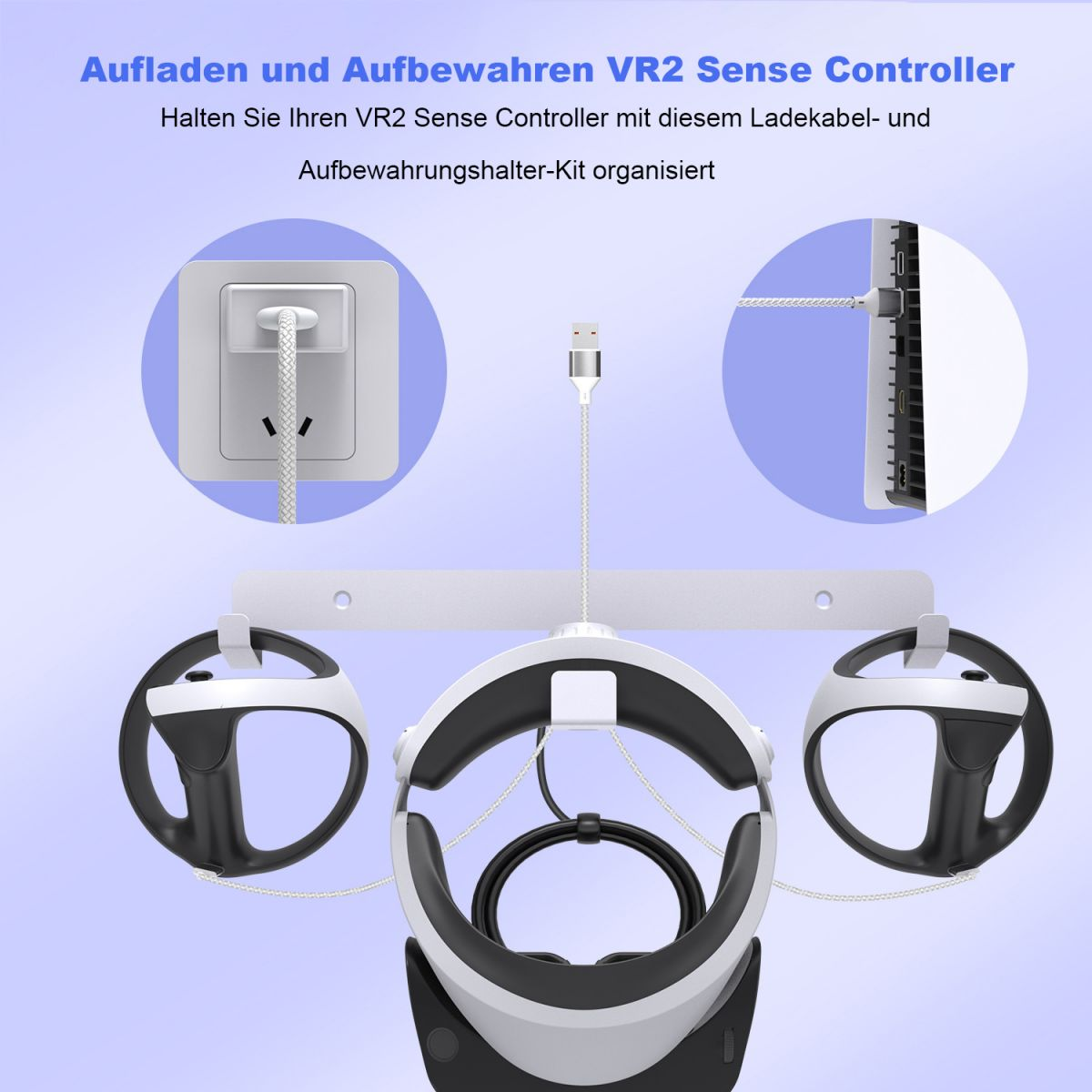 VR-Headset und Controller, die an einer wandmontierten Lade- und Aufbewahrungsstation angeschlossen sind.