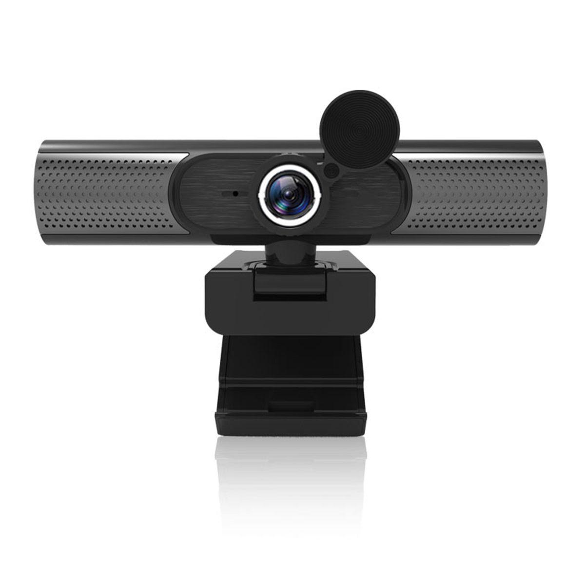 Schwarze Webcam auf weißem Hintergrund. Sie hat ein Mikrofon oben.