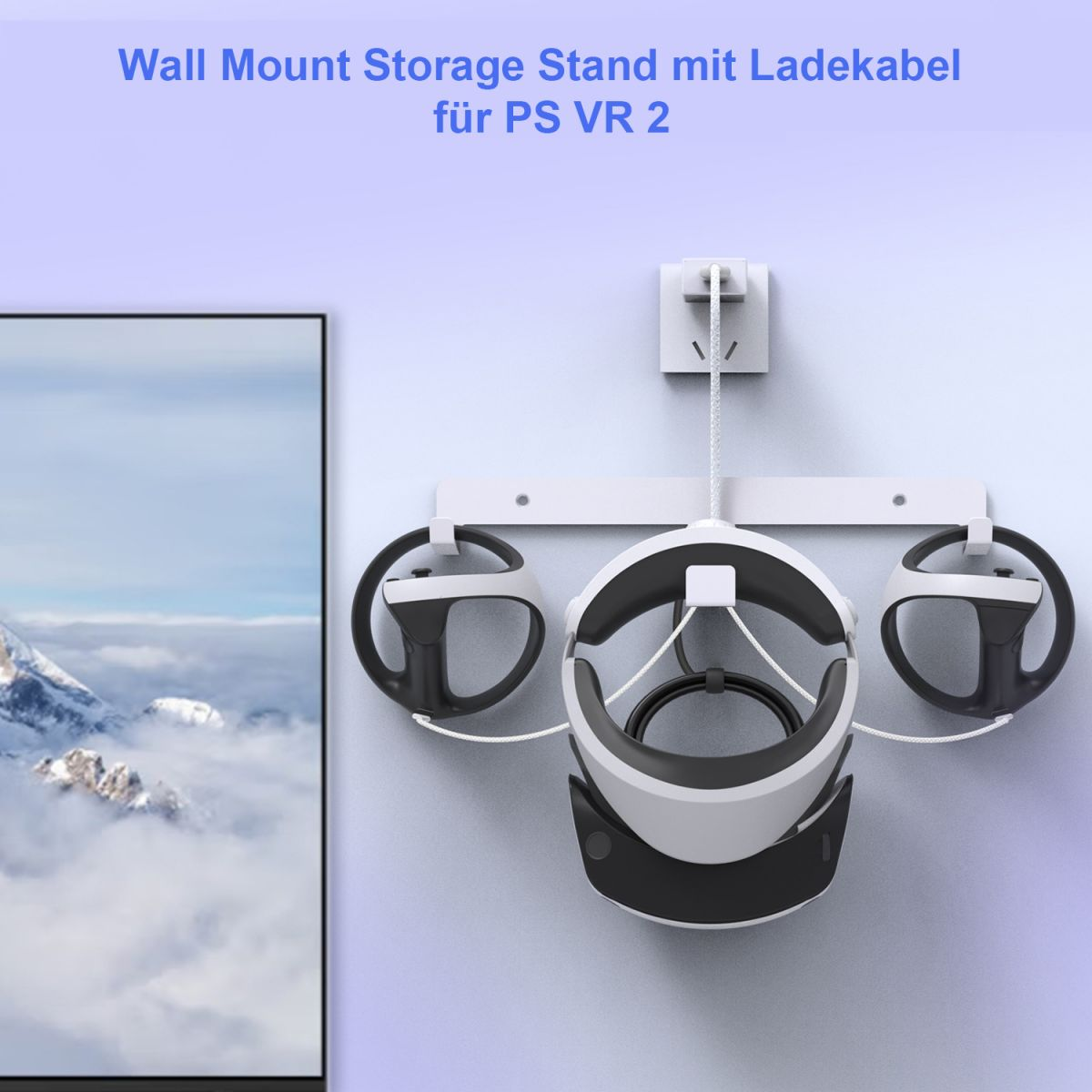 Wandhalterung für PS VR 2 mit Headset und Controllern an einer weißen Wand.
