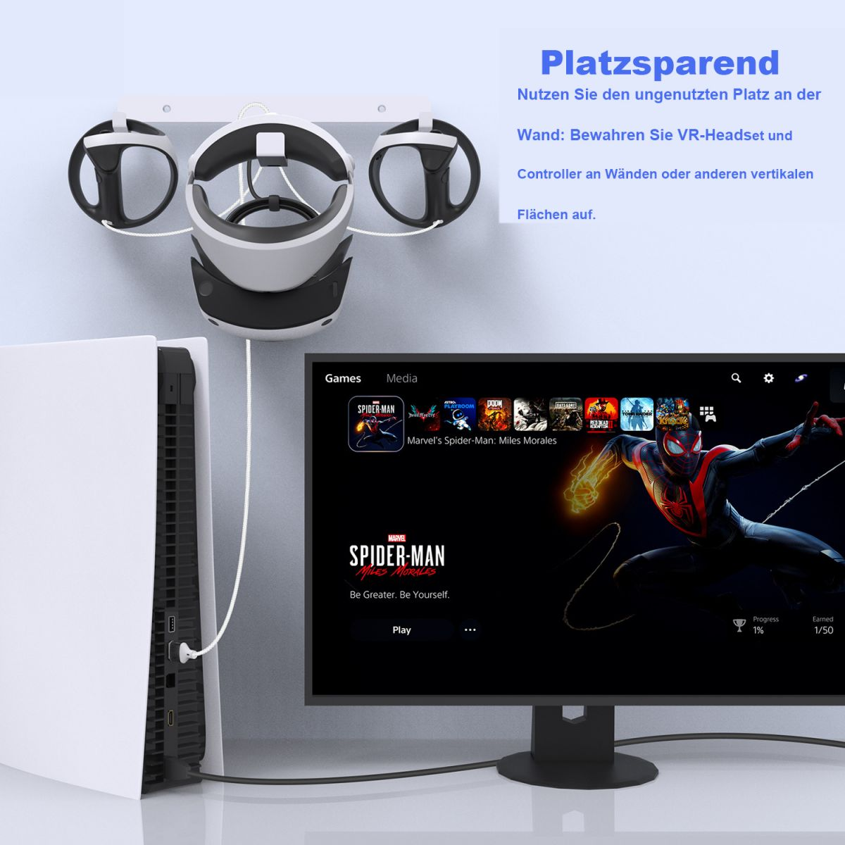 VR-Headset, Controller und eine PS5 mit einem Monitor, der ein Spiel zeigt.