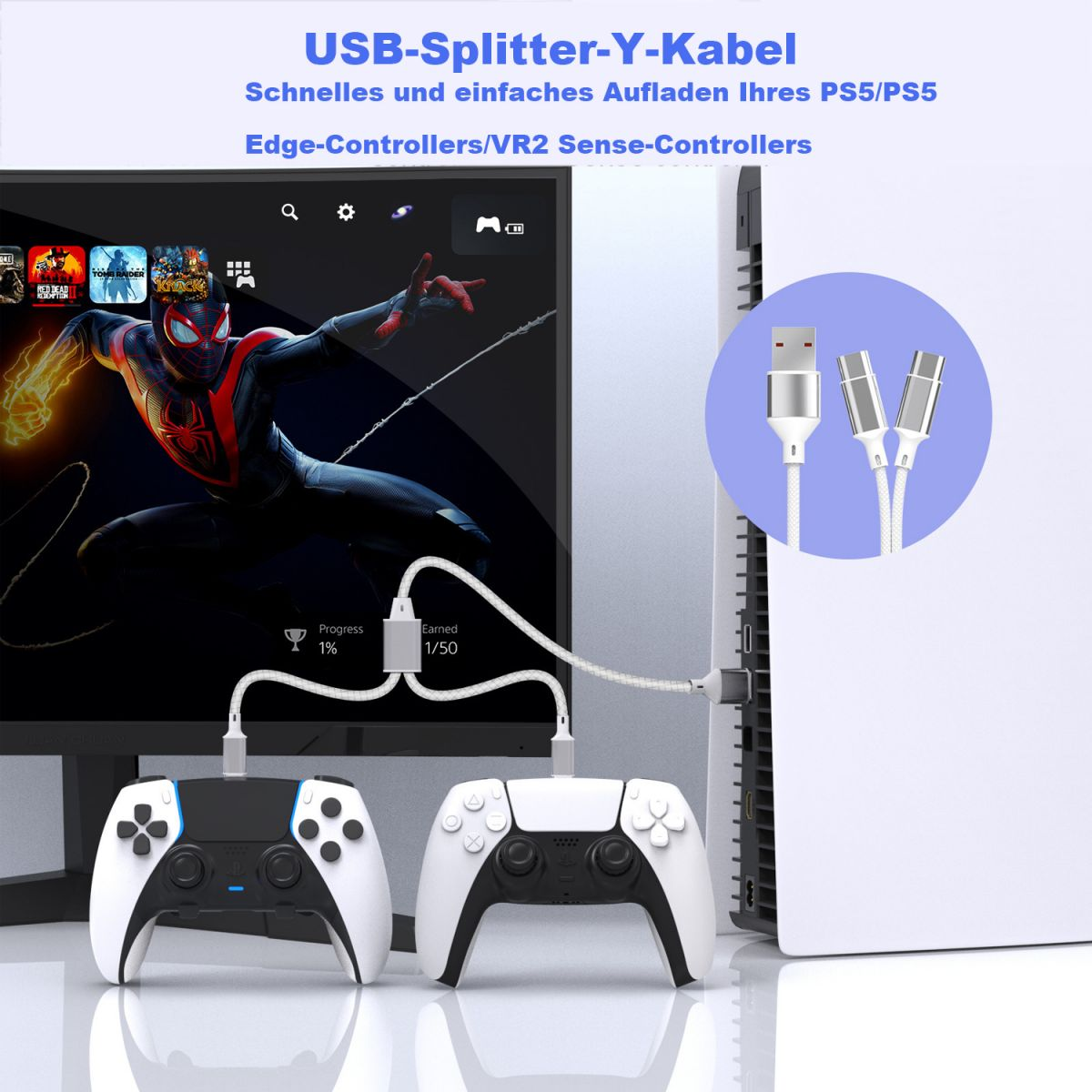 Weiße PS5, Controller und Kabel. Schwarzer Fernseher mit Spiel. Weißer Hintergrund.