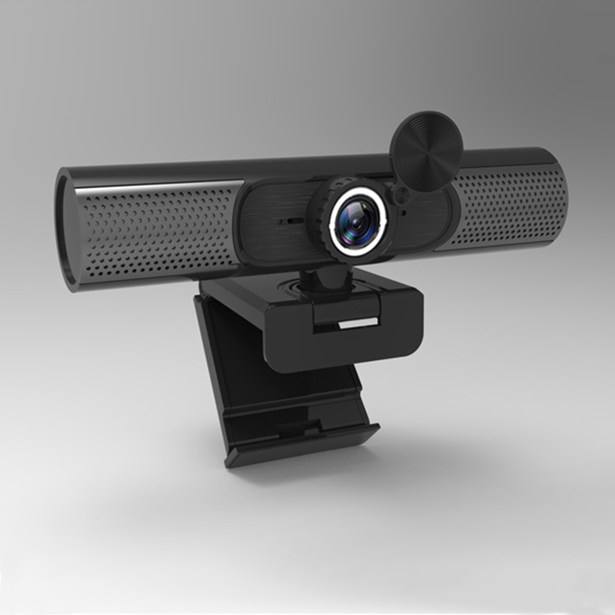 Schwarze Webcam mit Linse, Mikrofon und Ständer. Sie ist vor einem grauen Hintergrund platziert.