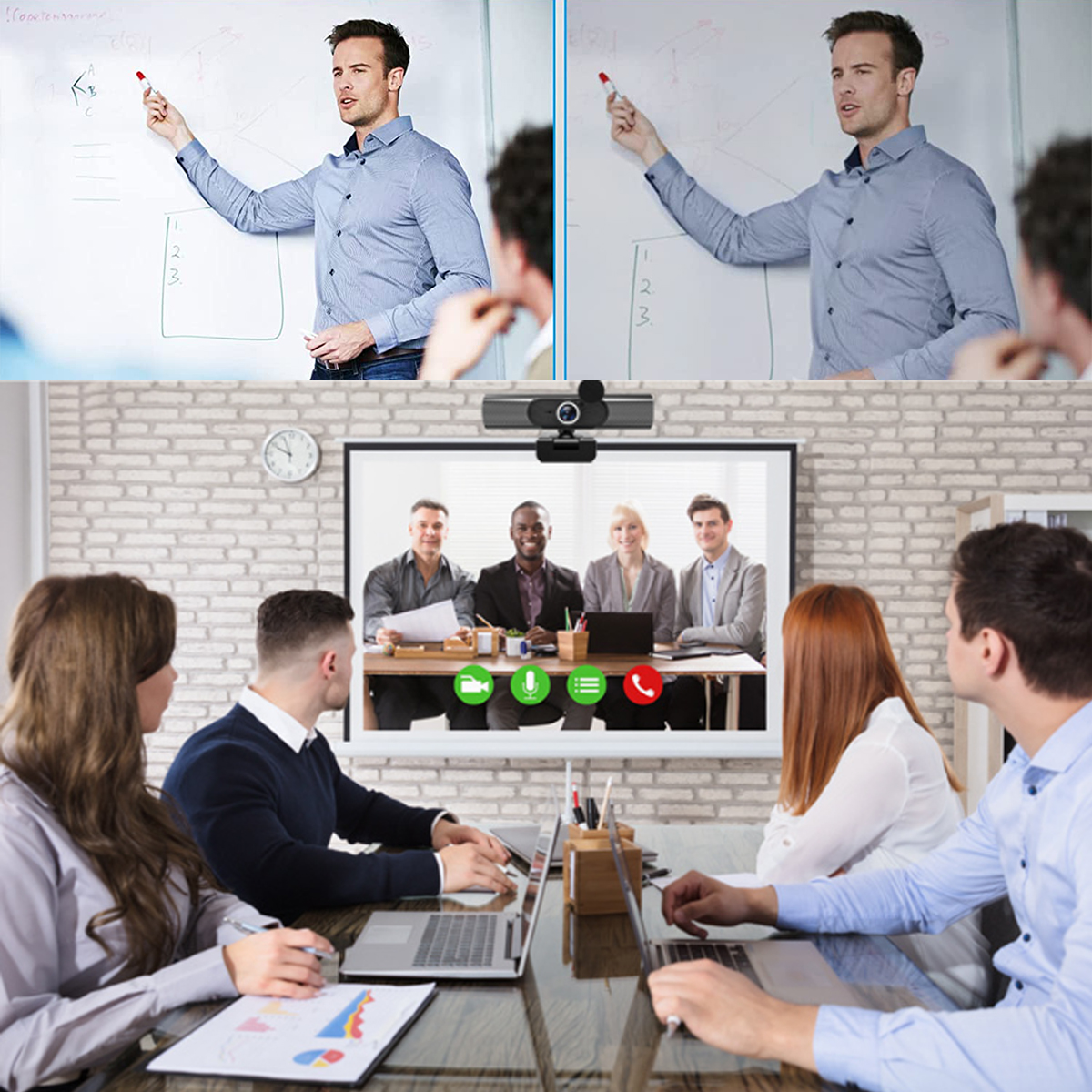 Ein Meeting mit einer Tafel. Ein Mann zeigt auf eine Tafel. Eine Videokonferenz.