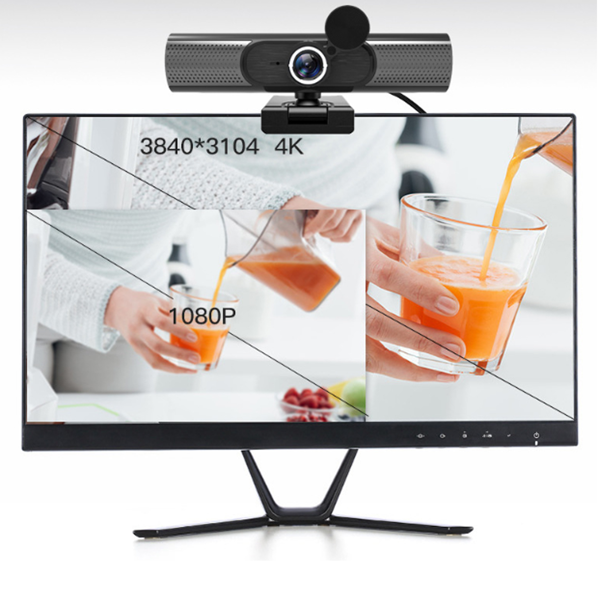 Ein Monitor zeigt Saft beim Eingießen. Oben ist eine Webcam. Die Auflösung beträgt 4k und 1080p.