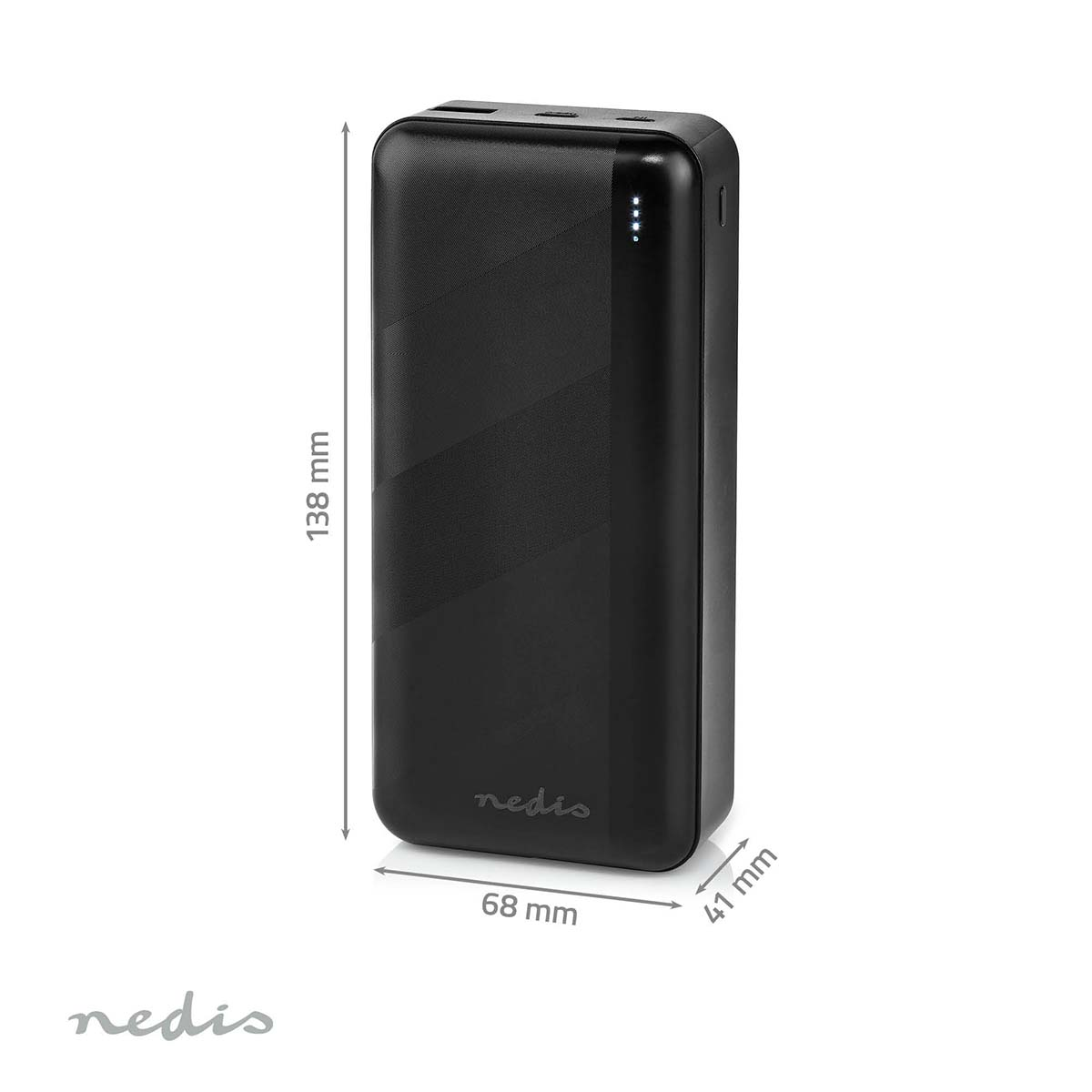 Eine schwarze Powerbank mit Abmessungen in Millimetern.