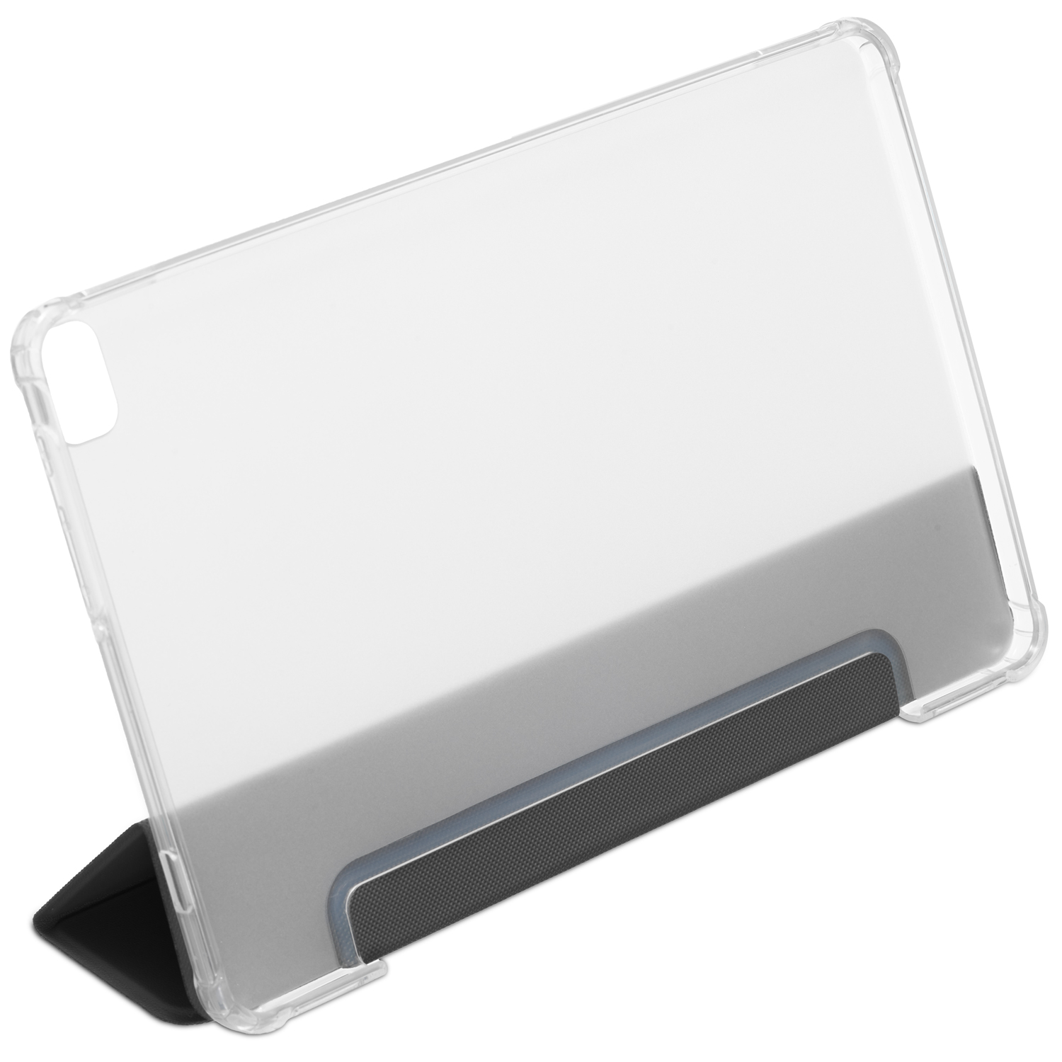 Custodia trasparente per tablet su supporto. Il tablet è grigio. Supporto nero in basso. Sfondo bianco.