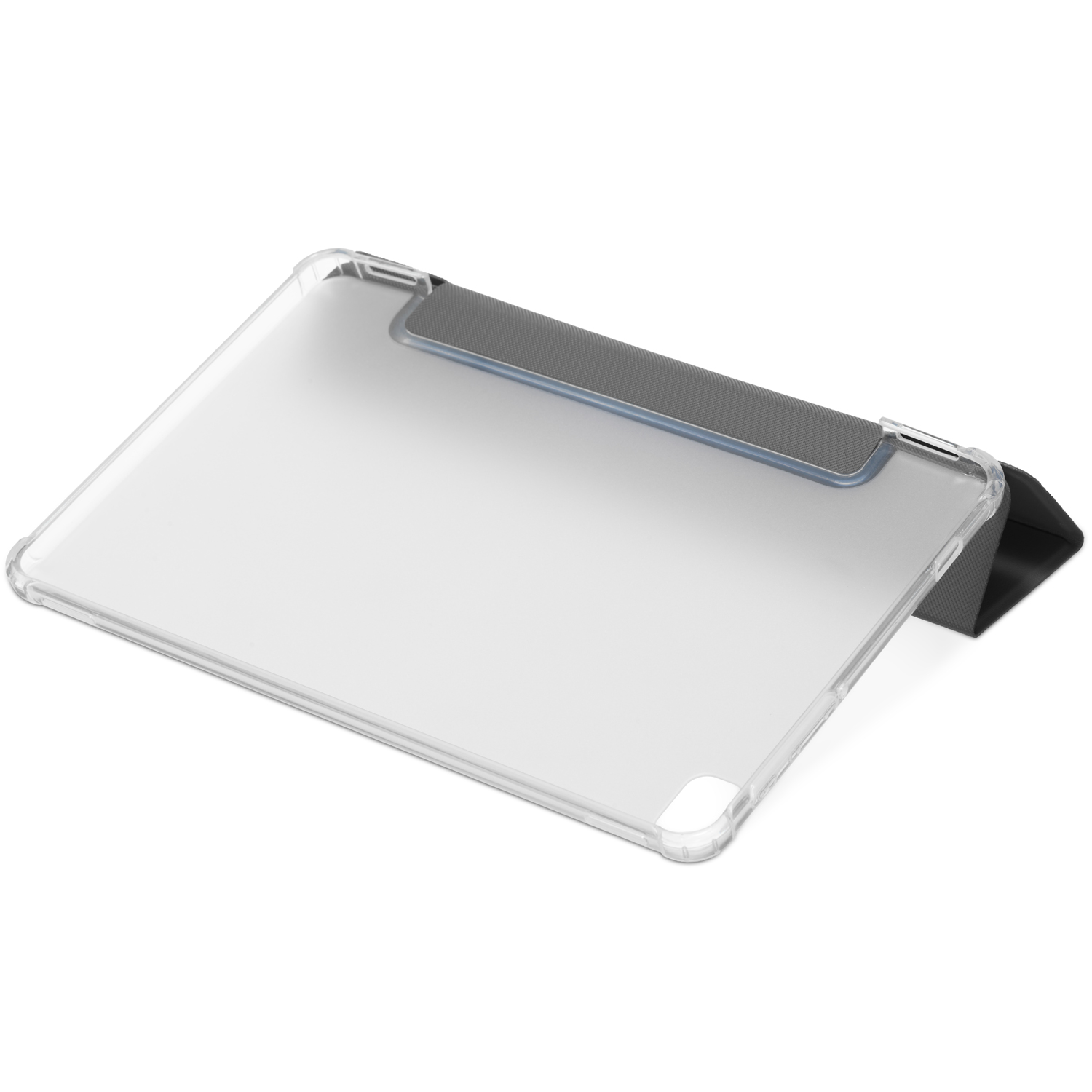 Custodia trasparente per tablet con una copertura grigia, inclinata. Sfondo bianco.
