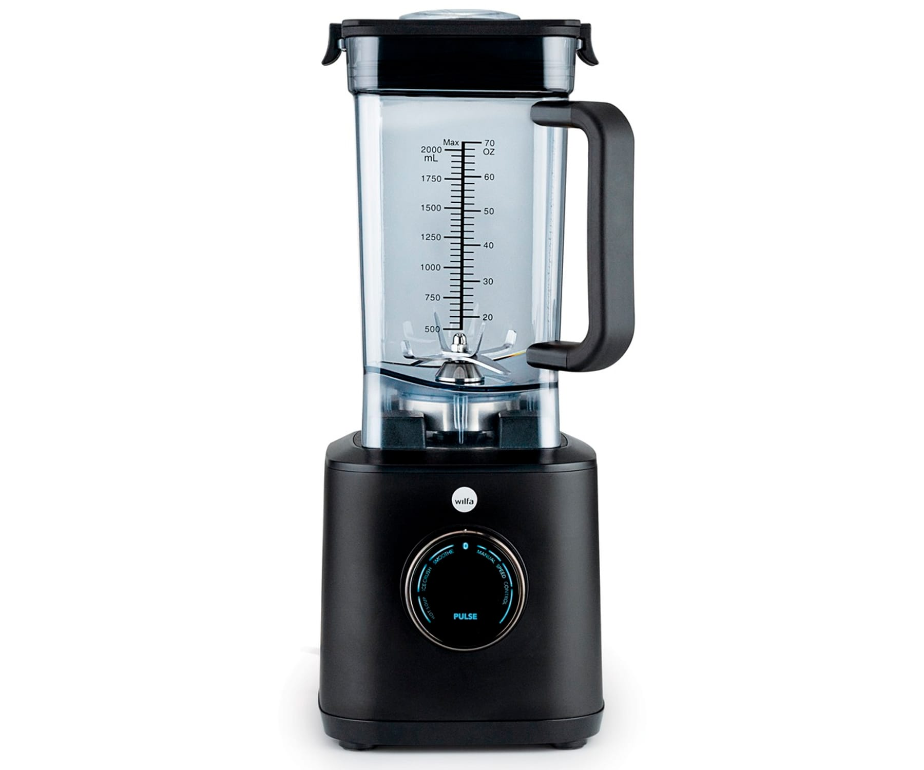 Schwarzer Mixer mit transparentem Behälter. Marke ist Wilfa, Modell PULSE.