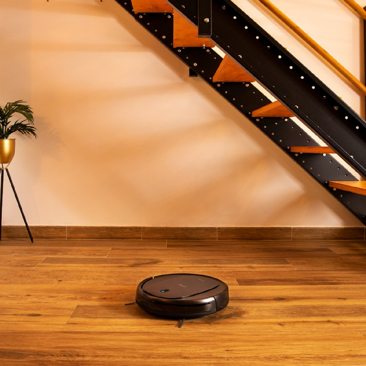 Aspiradora robot en un piso de madera. Escaleras y una planta al fondo. Pared beige.
