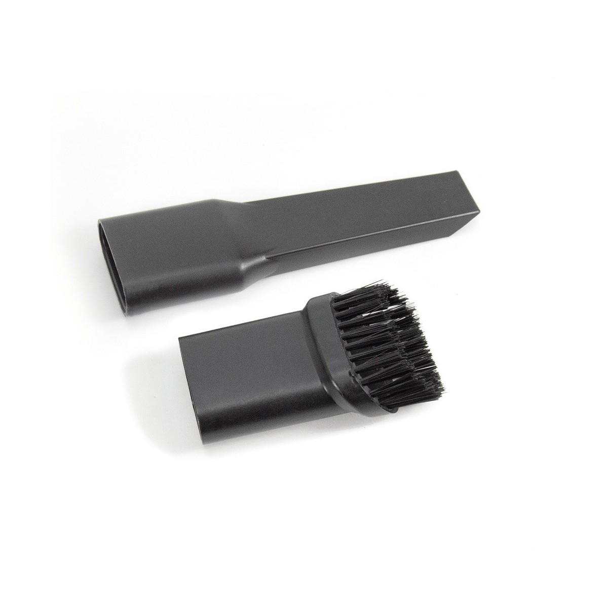Dos accesorios negros para aspiradora: una boquilla para rincones y una boquilla con cepillo.