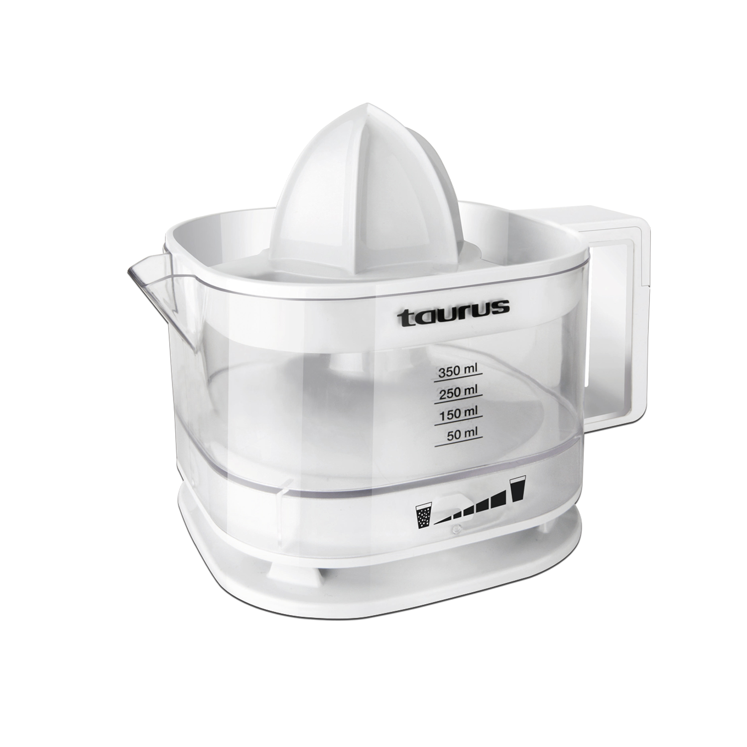 Una exprimidora de cítricos blanca y transparente. Tiene un cono exprimidor y un recipiente con medidas.