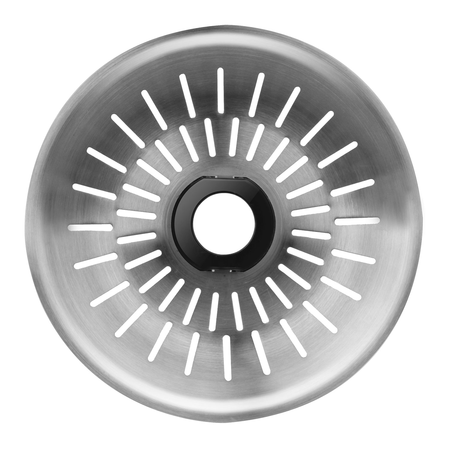 Colador de fregadero de acero inoxidable con muchos agujeros y centro negro.