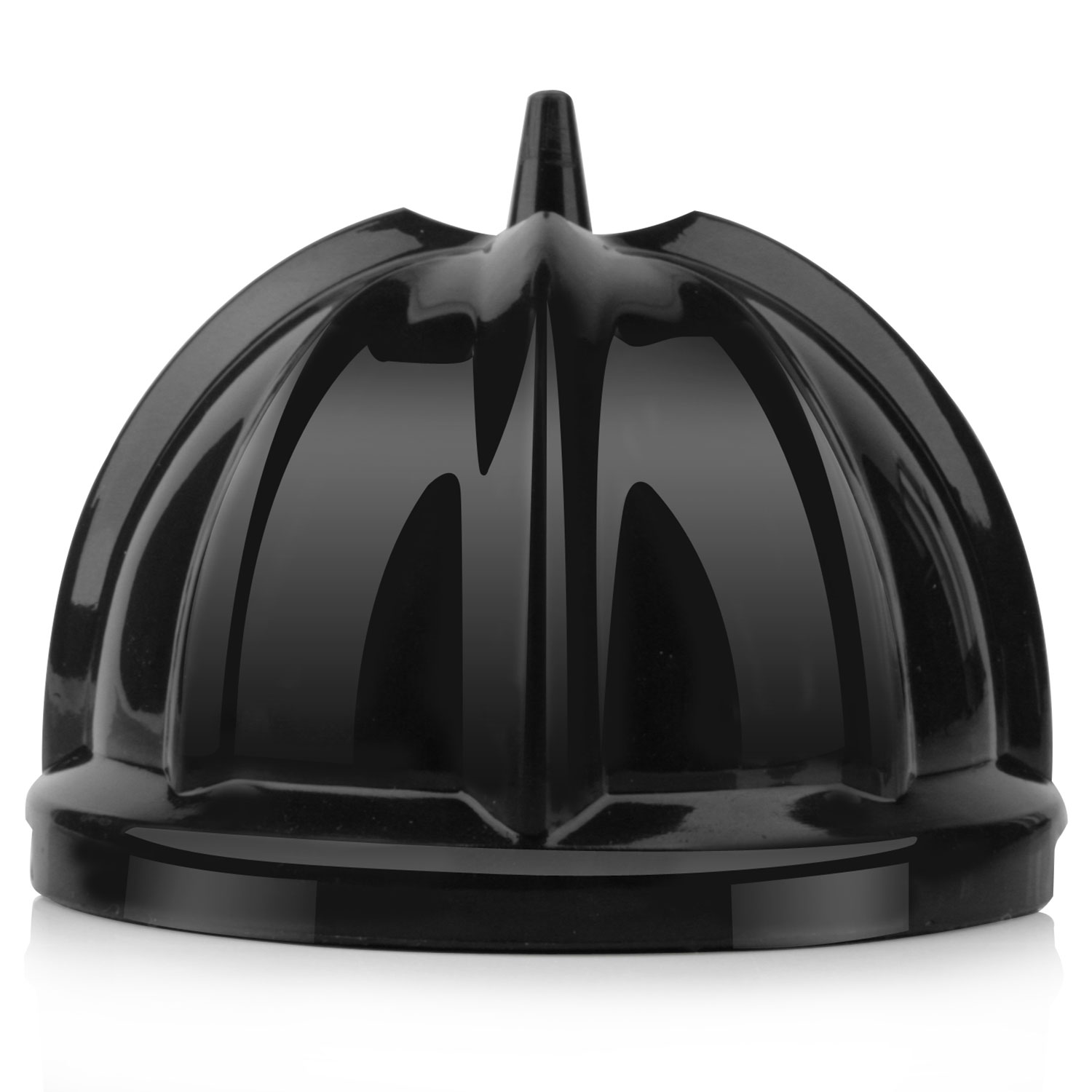 Parte de exprimidor negra, en forma de cúpula con crestas, refleja la luz.
