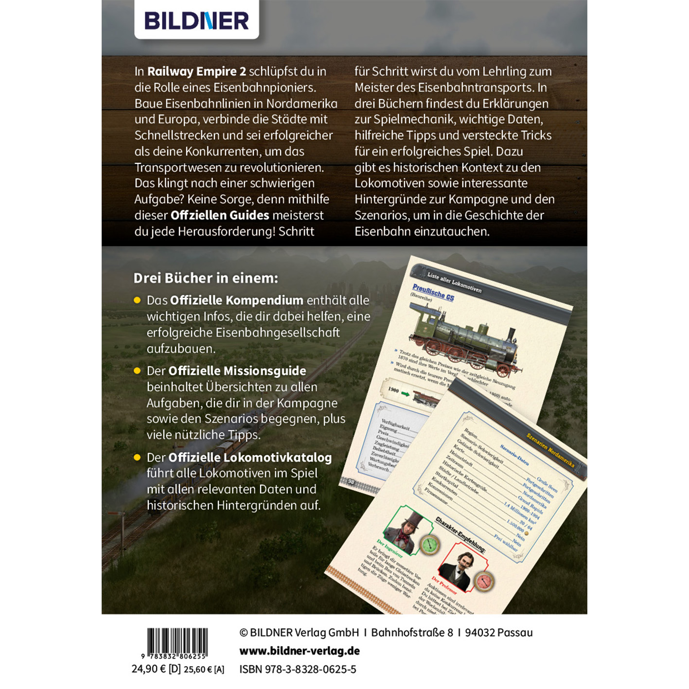 Buchcover mit Text und Bildern von Zügen und Eisenbahnen. Titel: Railway Empire 2.