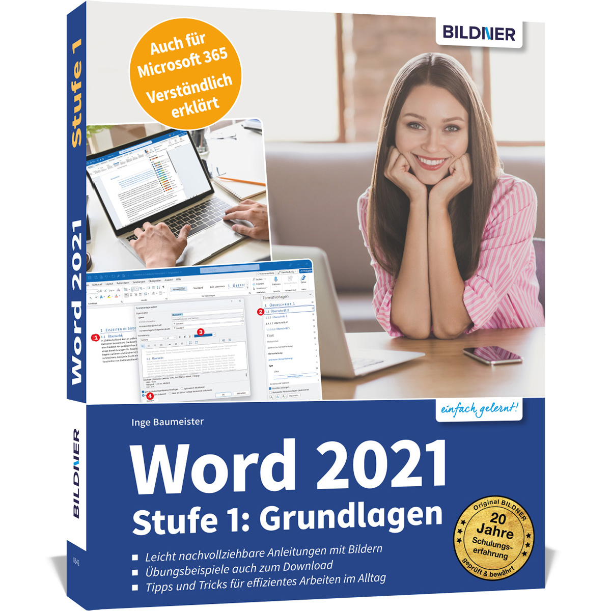 Buchcover von 'Word 2021' mit einer Frau, einem Laptop und Screenshots des Programms.
