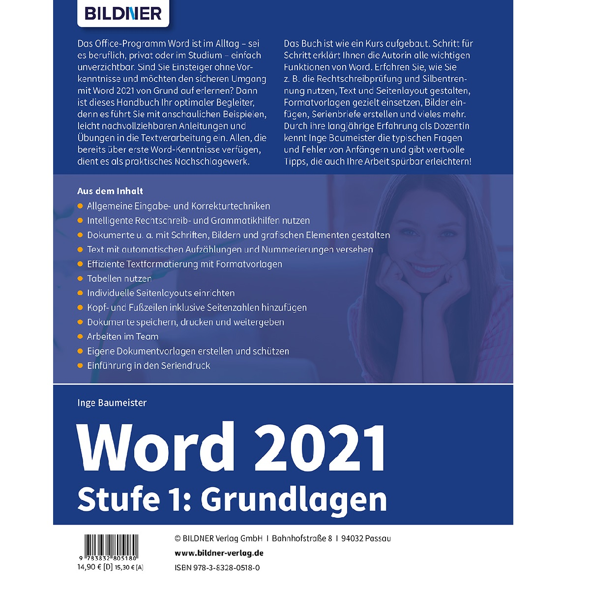 Buchcover mit Text auf Deutsch. Titel: Word 2021 Stufe 1: Grundlagen. Bild einer Frau.