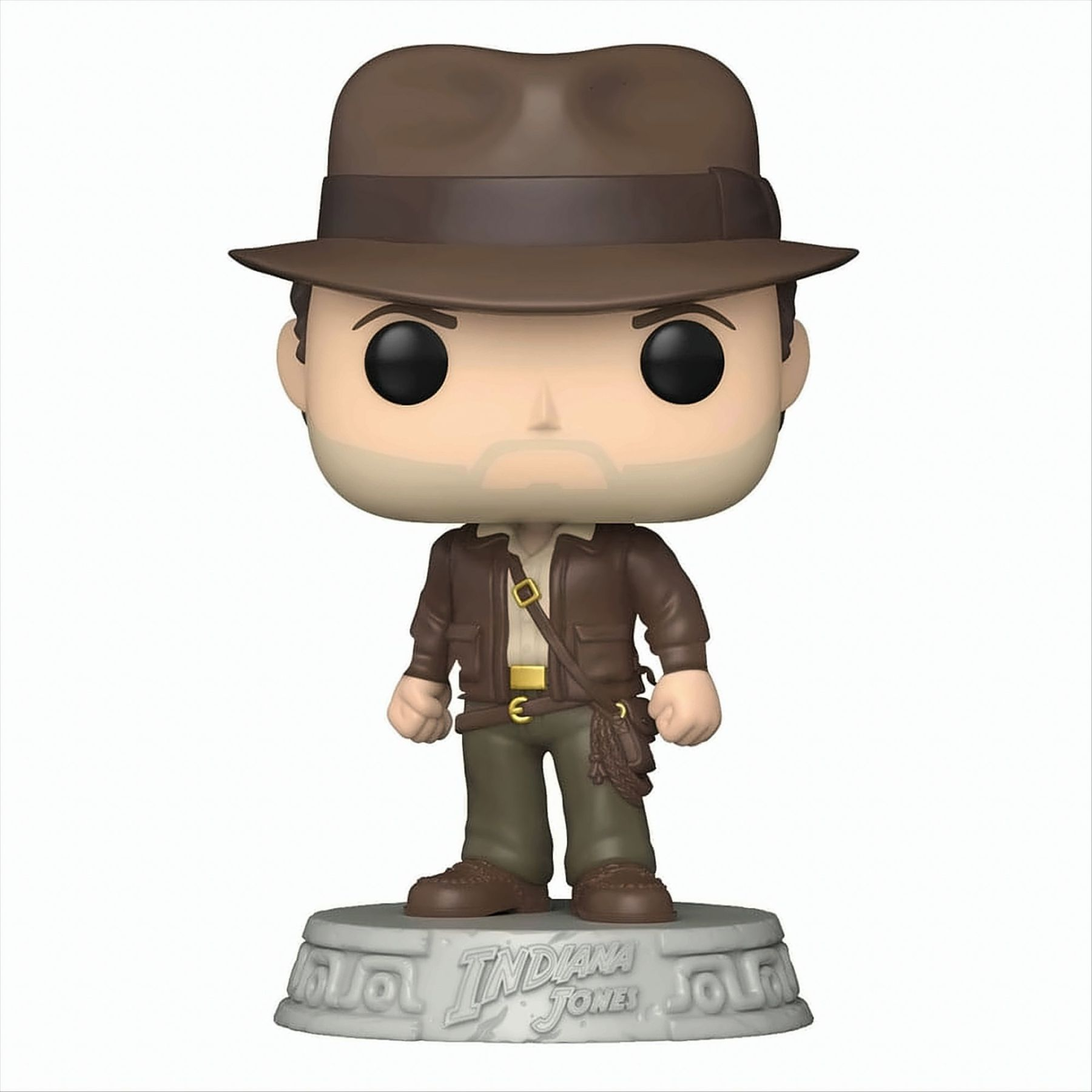 Funko Pop! di Indiana Jones con cappello e frusta. Supporto grigio con testo. Sfondo bianco.